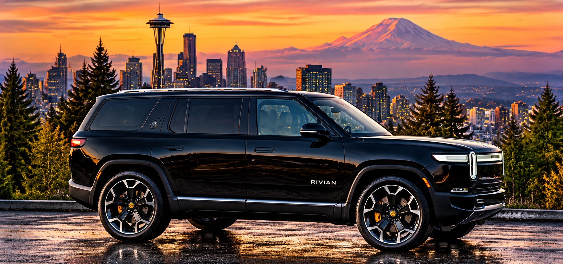 Black Rivian R1S with the Seattle skyline and Mount Rainier